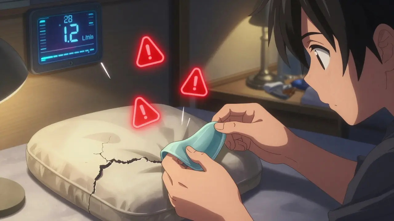 Teen replacing CPAP mask cushion with glowing warning icons above the old one.