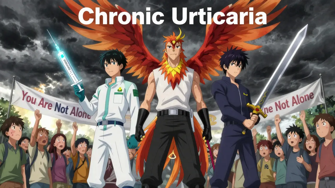 Three heroic treatments — dragon, phoenix, and sword — defeating a storm of chronic hives as patients regain relief.