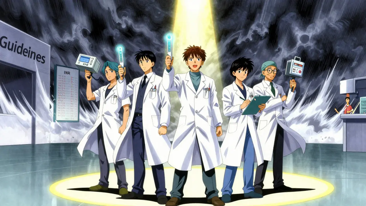 Three specialists standing together with medical tools, facing a storm of lab values.