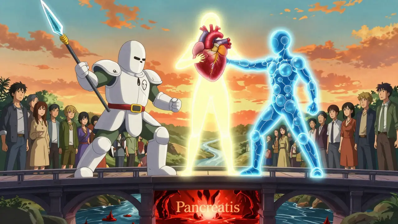 Two warriors merge into one, protecting heart and pancreas over a blood river, sunrise in the background.