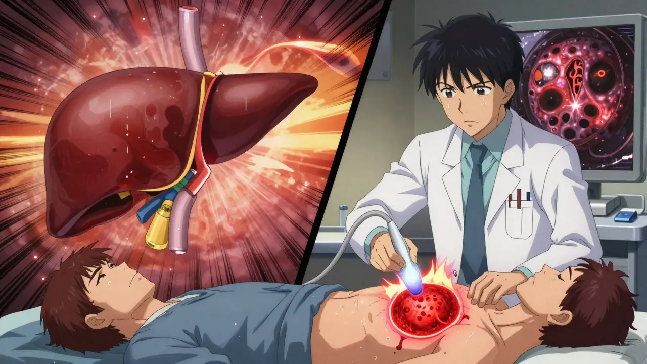 A doctor uses an ultrasound to reveal a liver tumor, with healthy and cirrhotic livers shown side by side in dynamic anime style.