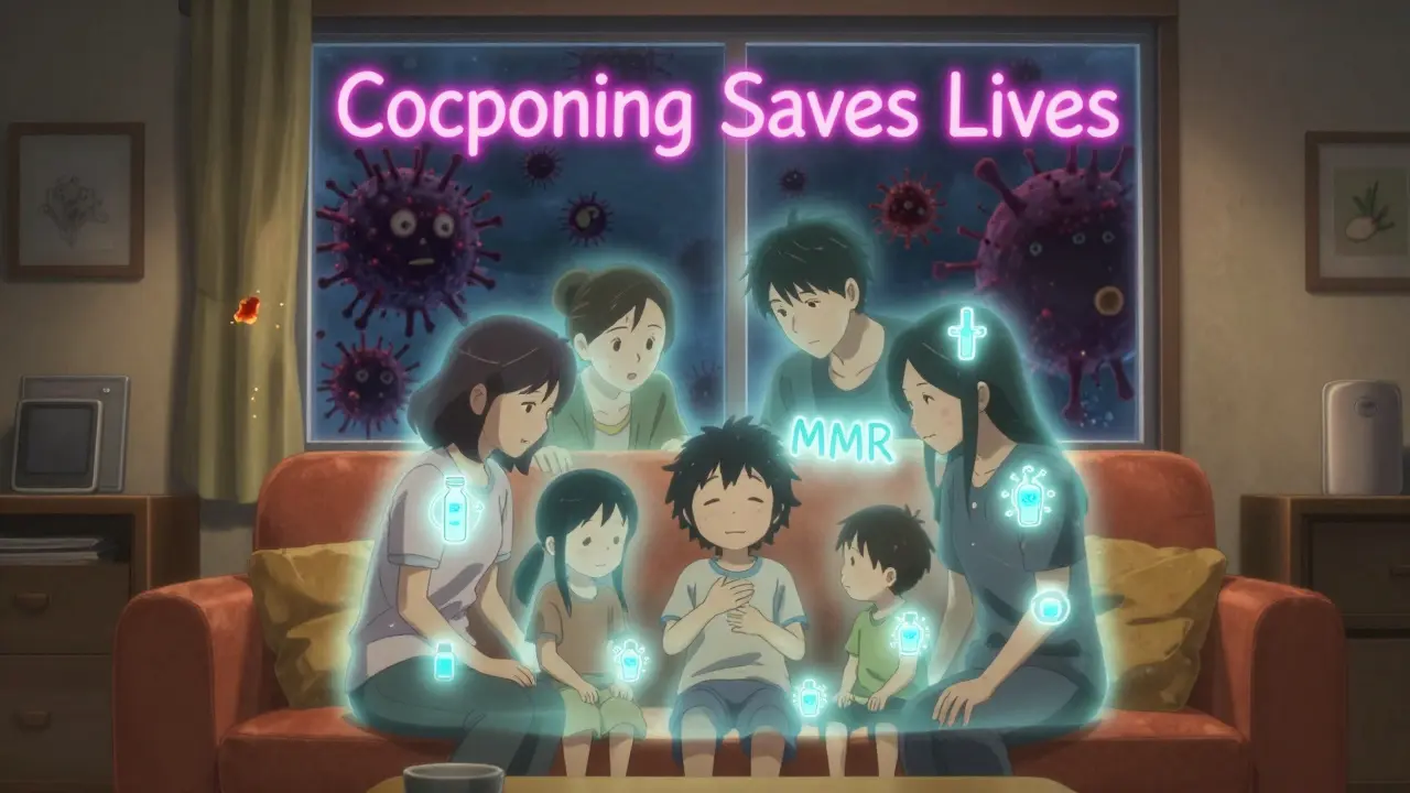 A family forms a protective aura around an immunocompromised person, blocking viruses.