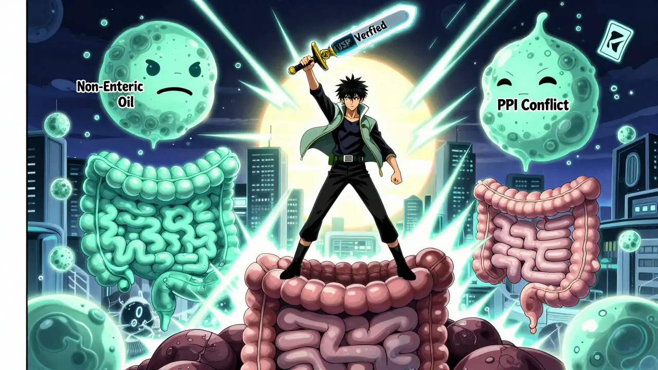 A hero defeats IBS monsters with a USP-verified capsule sword on a landscape of the digestive system.