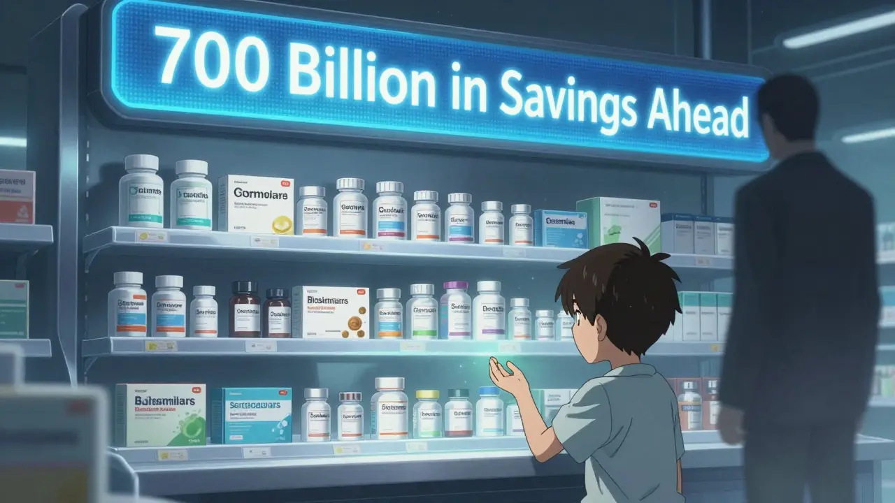 A patient reaching for an affordable generic pill on a glowing pharmacy shelf under a savings banner.
