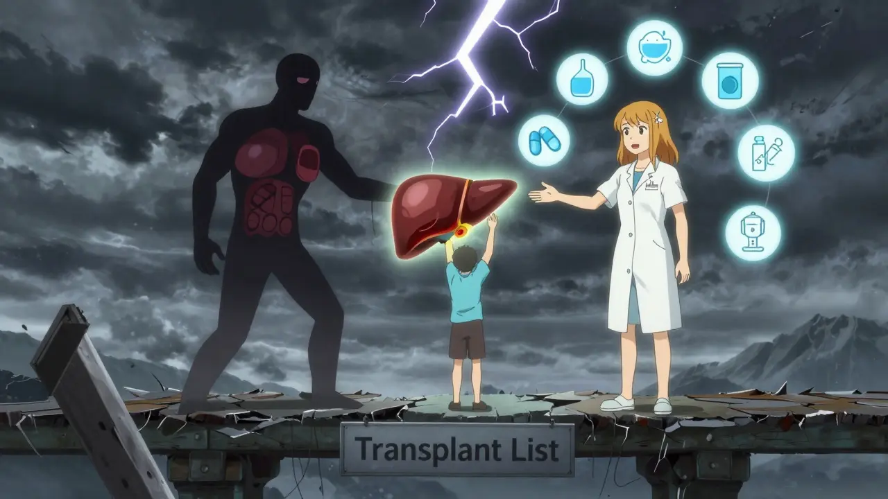 A patient stands on a bridge toward a donor liver, battling shadows of disease, in intense shounen anime style.