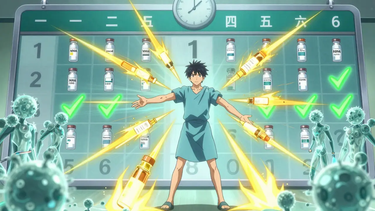 A person receiving timed inactivated vaccines as golden energy activates their immune cells.