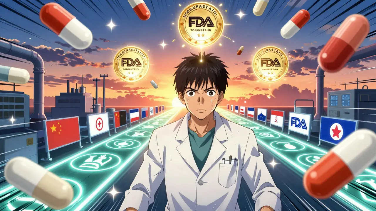 A scientist in a lab surrounded by floating tablets as FDA approval seals fall from the sky.