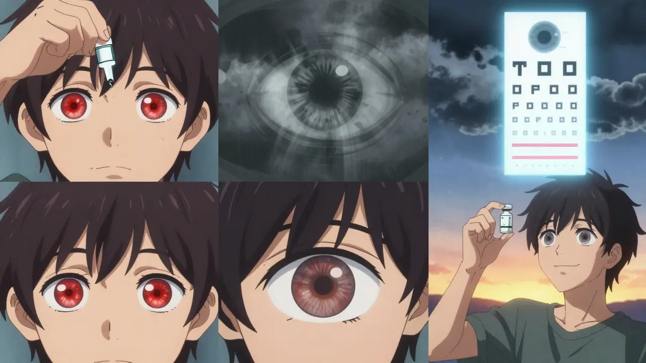 A time-lapse of a glaucoma patient’s journey: red eyes, darkening iris, then calm with preservative-free drops and stable vision.