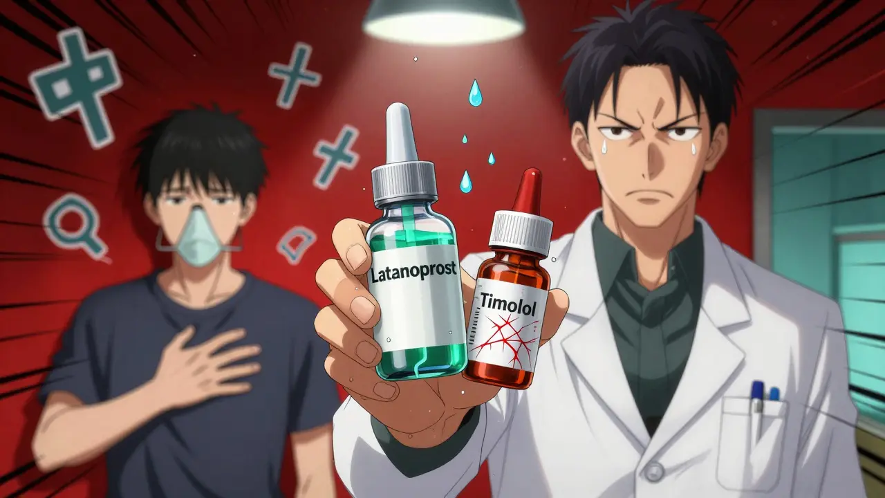 An ophthalmologist holding contrasting glaucoma medications as a patient with asthma shows distress, medical symbols floating around them.