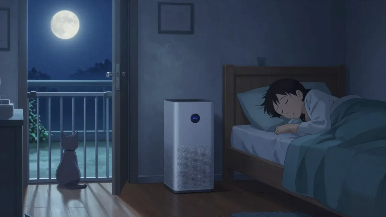 Closed bedroom door with cat outside, person sleeping on hardwood floor