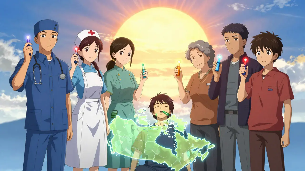 Diverse group holding naloxone sprays forming a protective circle around a breathing person.