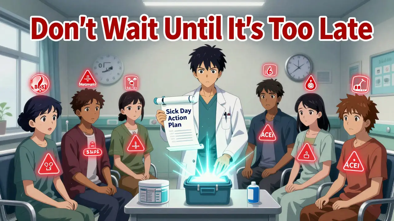 Diverse patients in a hospital with medical icons above them, a guide figure holding a sick-day plan scroll, glowing kit on table.