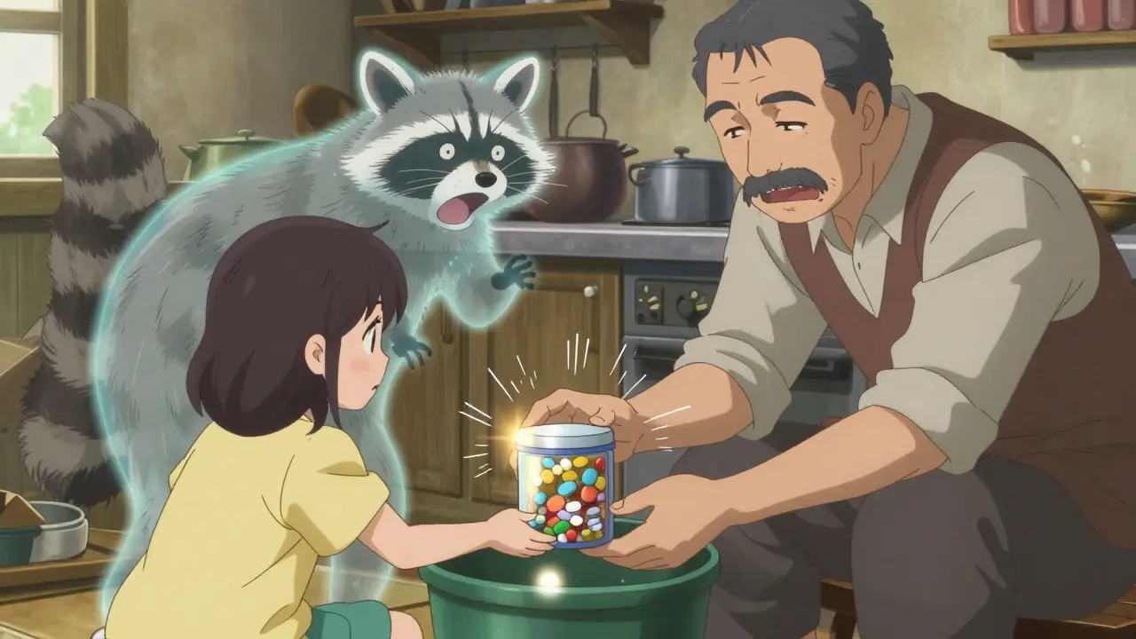 Grandfather and granddaughter placing sealed medication in trash, raccoon recoiling nearby.