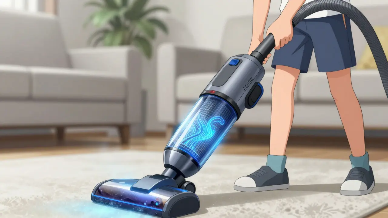 HEPA vacuum capturing dander particles from carpet with blue filtration light