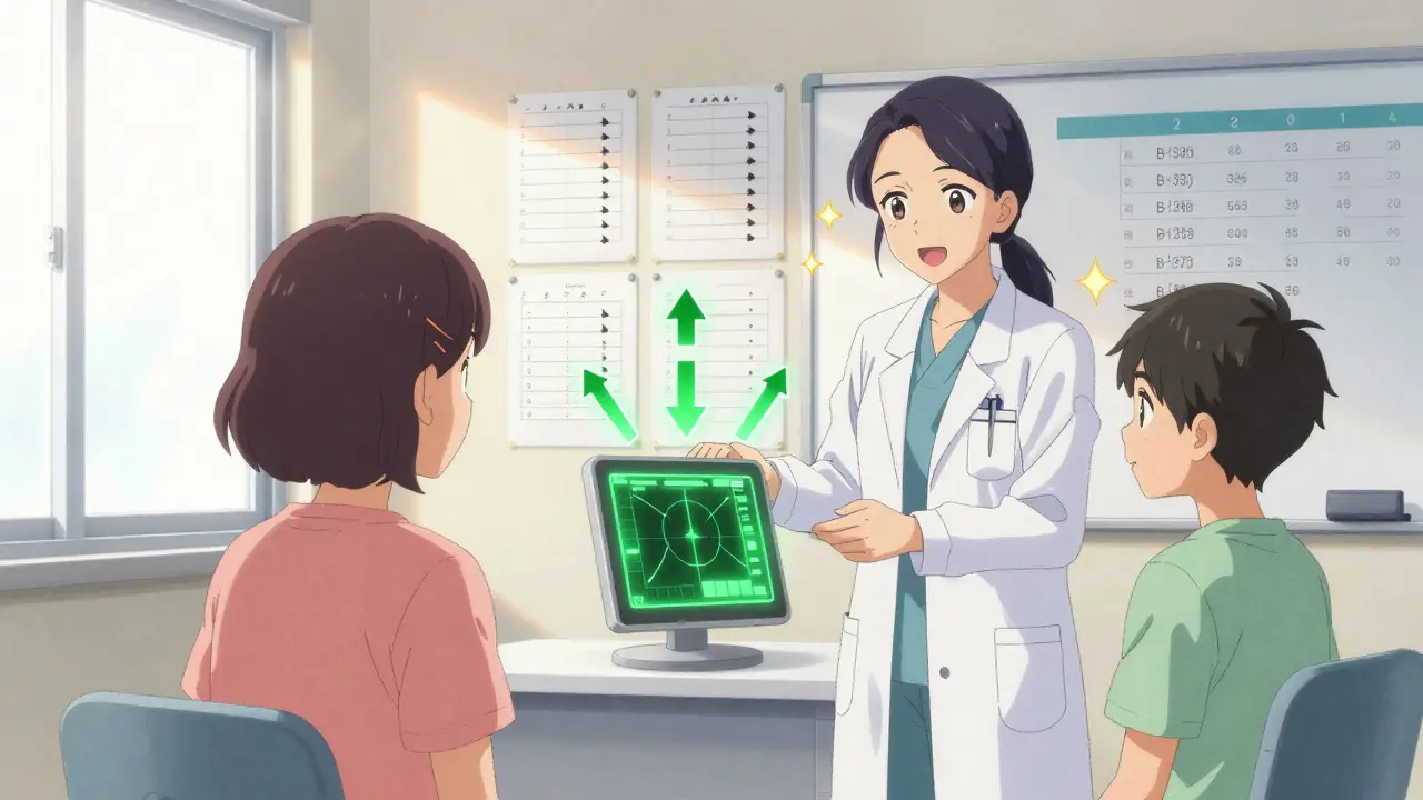 Medical educator shows patients trend arrow tables with glowing arrows and target range zones in clinic.