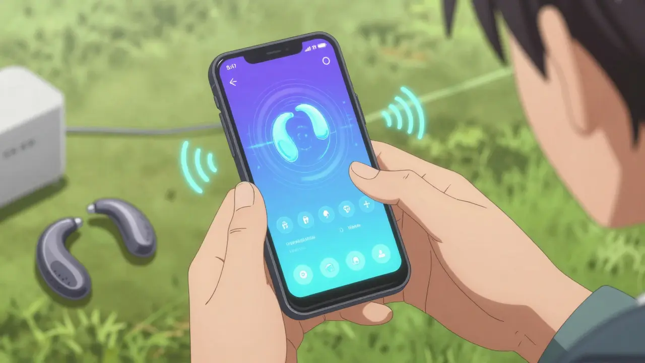 Person adjusting hearing aids via mobile app in anime style