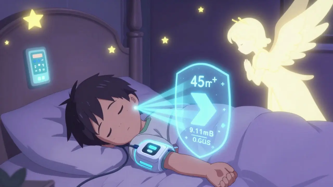 Sleeping child's CGM projects predictive glucose trend, protected by energy shield as insulin adjusts automatically.
