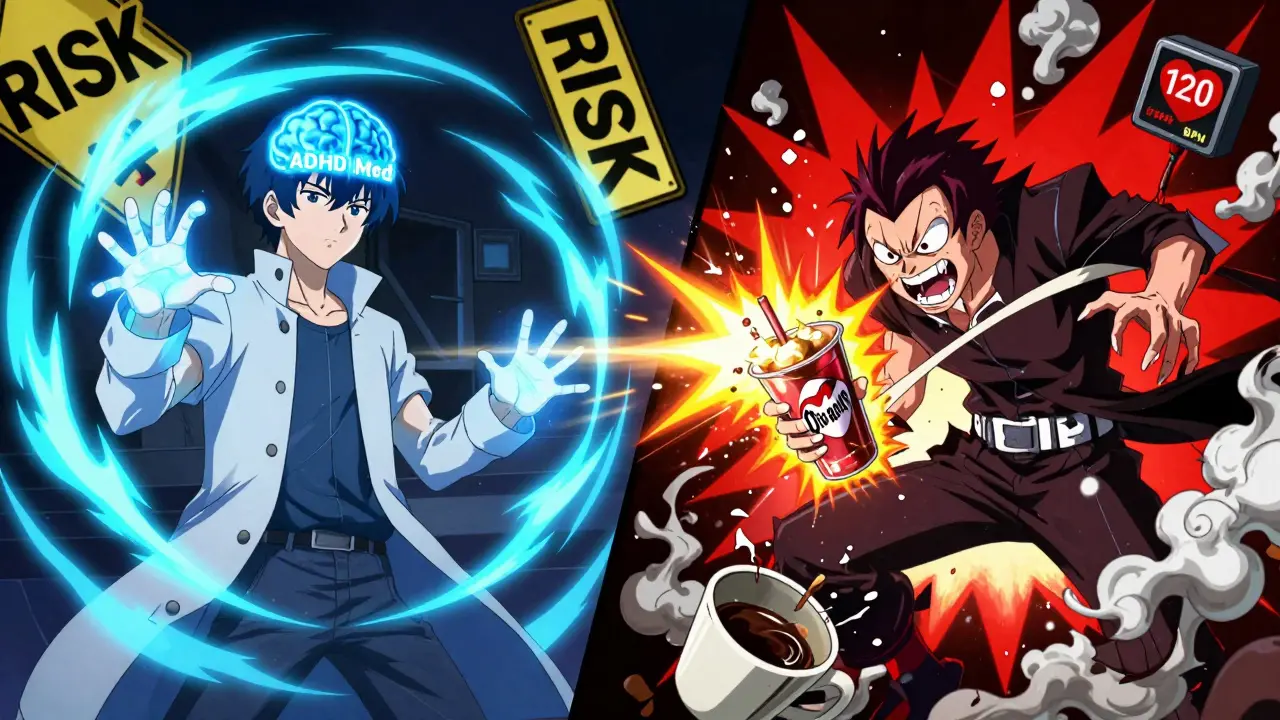 Split battle scene: calm ADHD medication energy vs chaotic caffeine overload in shounen anime style.