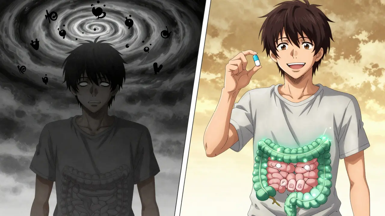 Split scene: one side shows IBS suffering, the other shows relief with a capsule releasing soothing menthol waves.