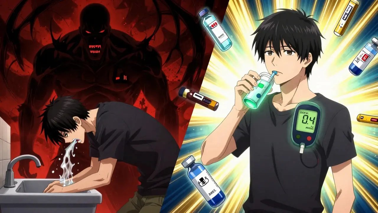 Split scene showing danger of DKA on one side and safe management with fluids and ketone testing on the other, vibrant anime-style contrast.