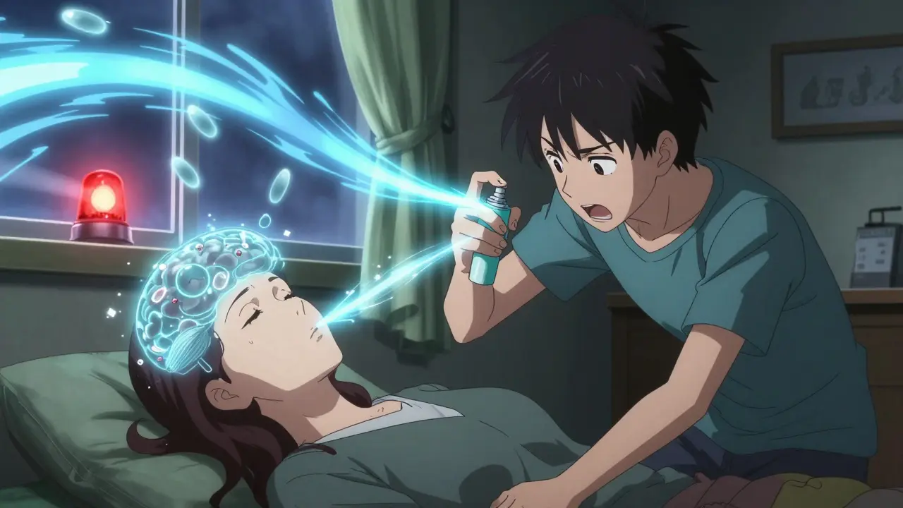 Teen using naloxone spray on mother during overdose, emergency lights flashing through window.