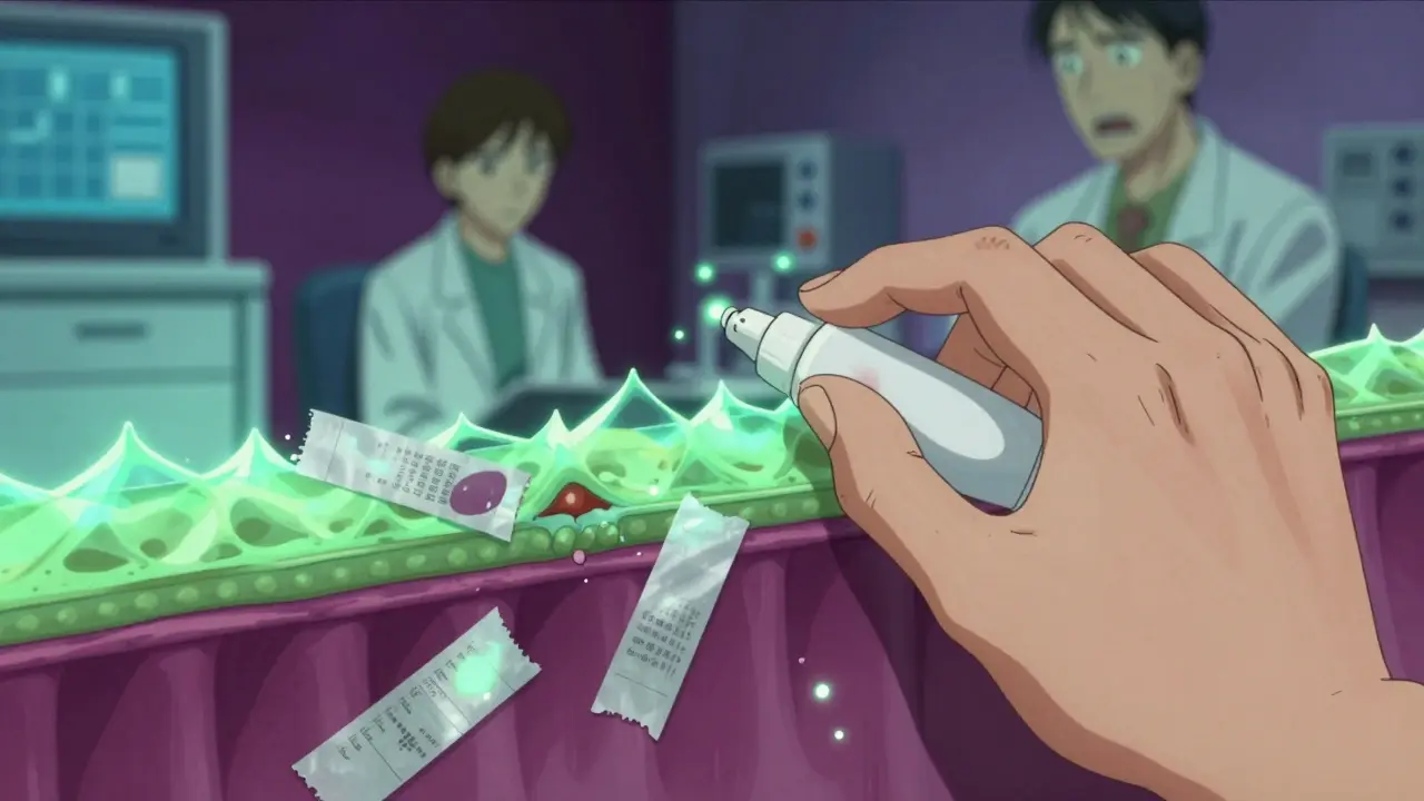 Topical cream struggles to penetrate skin layers, shown with tape strips revealing uneven drug absorption.