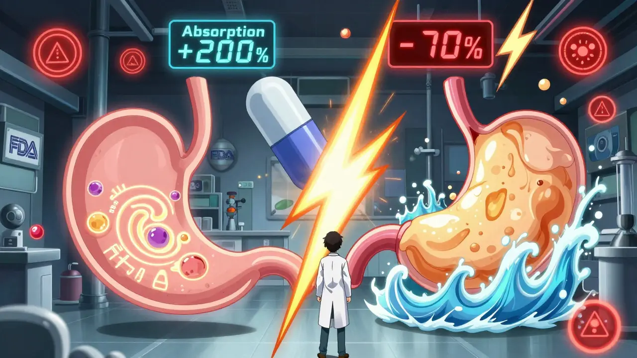 A giant pill suspended between an empty stomach and a full stomach, with glowing chemical signals and pharmaceutical regulatory logos.