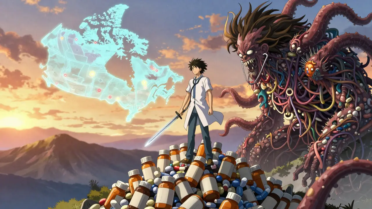 A heroic patient fights a monster made of inactive ingredients, standing atop a mountain of pill bottles under a glowing map.