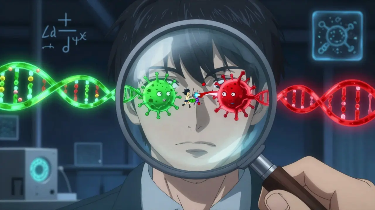 A magnified H1 receptor with two molecular pathways—one green, one crimson—showing paradoxical activation.