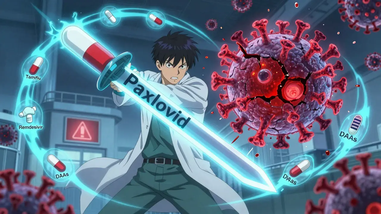 A medical hero defeats a giant coronavirus with a glowing pill-shaped sword, surrounded by other antiviral drugs in a battle scene.