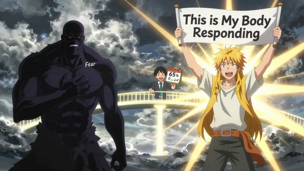 A mental battle inside a person's mind between fear and a positive mindset, symbolizing improved medication adherence.