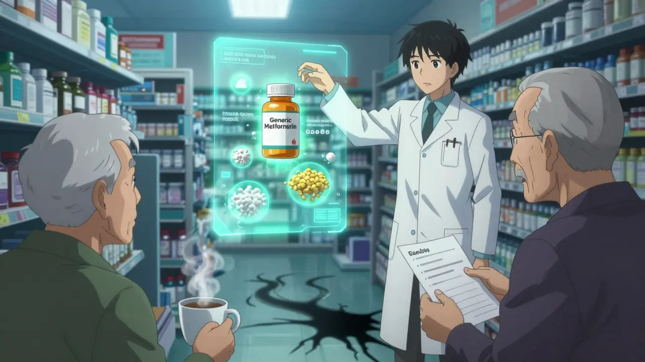 A pharmacist reveals hidden fillers in a generic medication as spectral threats float around a worried patient.