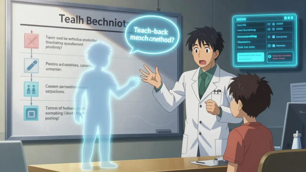 A pharmacist using teach-back with a patient, glowing icons and digital prompts surrounding them.