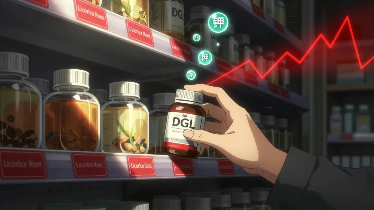 A pharmacy shelf with glowing warning labels on licorice products, while a safe DGL bottle is illuminated in the corner.