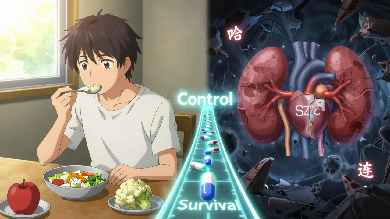 A split scene shows a healthy low-potassium diet on one side and a collapsing body on the other, bridged by life-saving potassium binders.