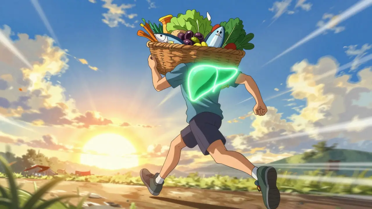 Athlete running with fresh food and glowing green healing symbol.