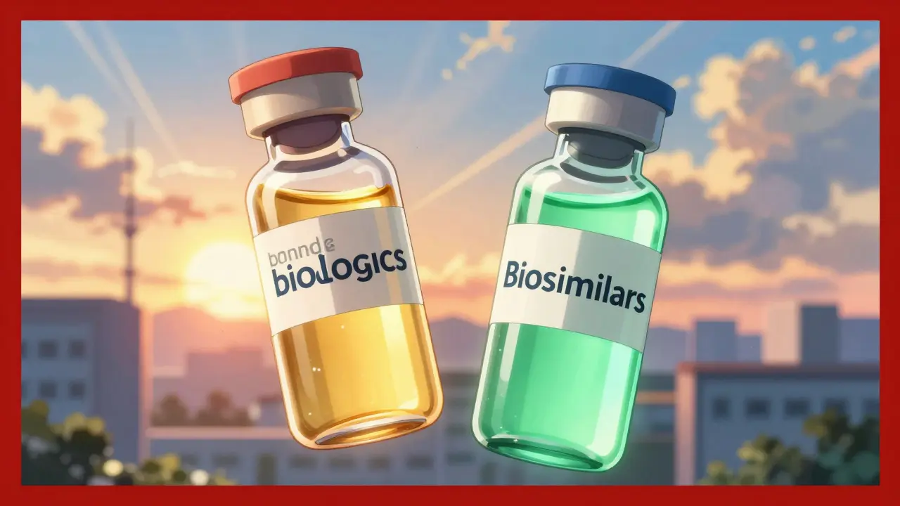 Comparison of two glowing vials representing drug cost savings.