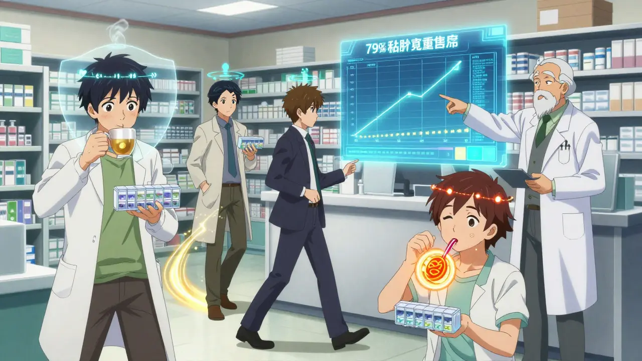 Diverse individuals in a pharmacy using practical strategies to manage medication side effects with glowing visual aids.