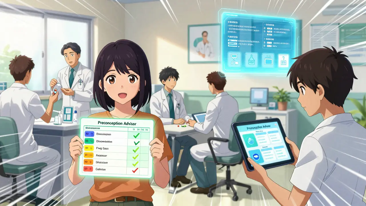 Diverse individuals receive personalized preconception care with glowing medication charts and AI interface in a community center.