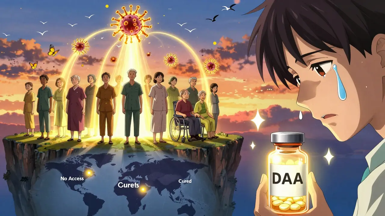 Diverse patients healed as hepatitis C viruses turn into butterflies, with a global map showing access disparities under a golden sunset.