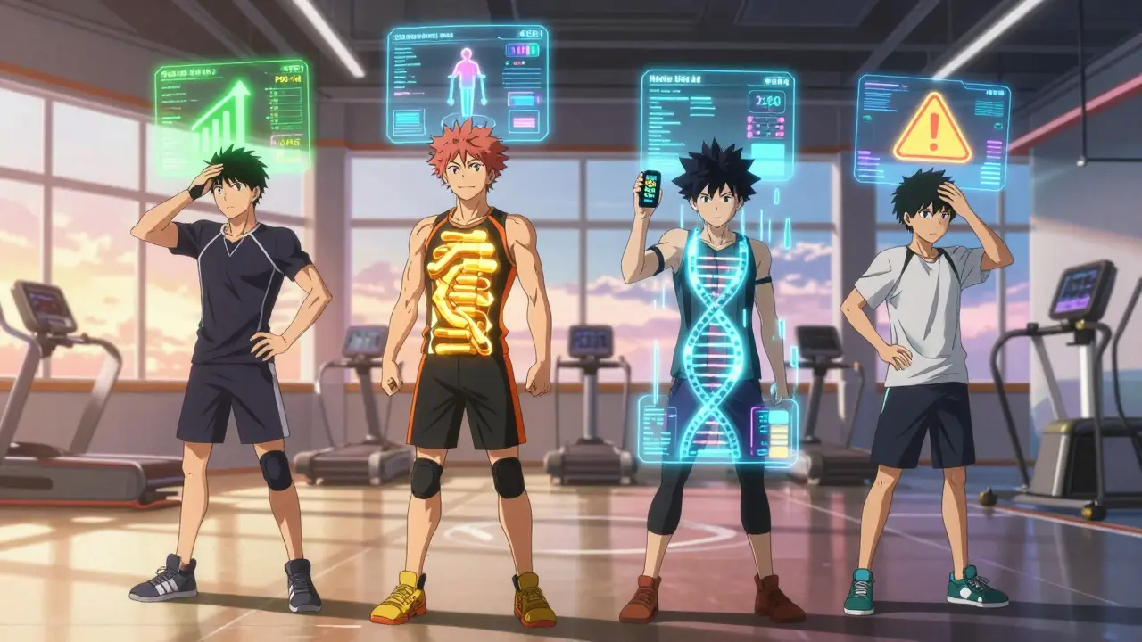 Four teens in a high-tech gym with personalized holograms showing fasted, fed, genetic, and health warning data during exercise.