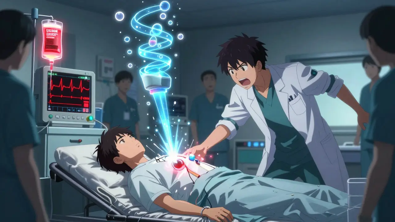 In an ER, medical teams administer emergency treatment as ECG waves spike and glowing potassium ions are trapped by a binder device.