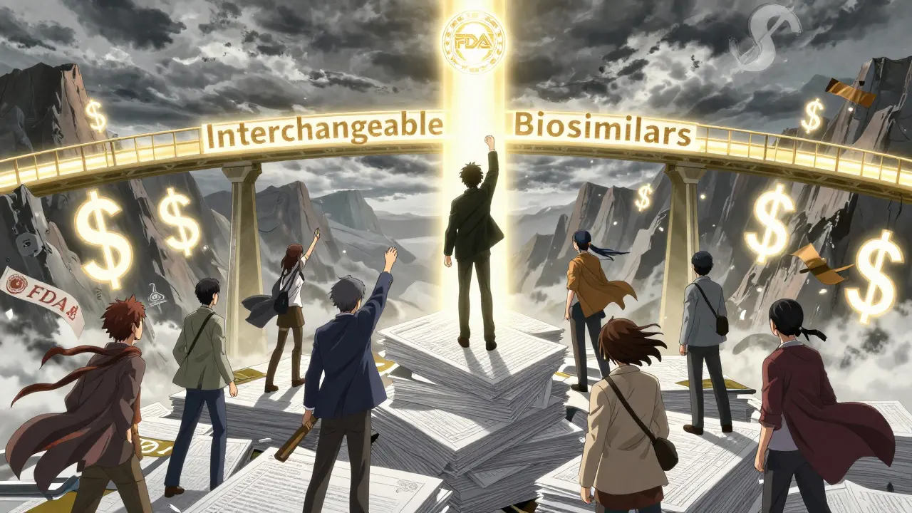 Patients climb a mountain of denied claims toward a bridge labeled 'Interchangeable Biosimilars' under a radiant FDA seal.