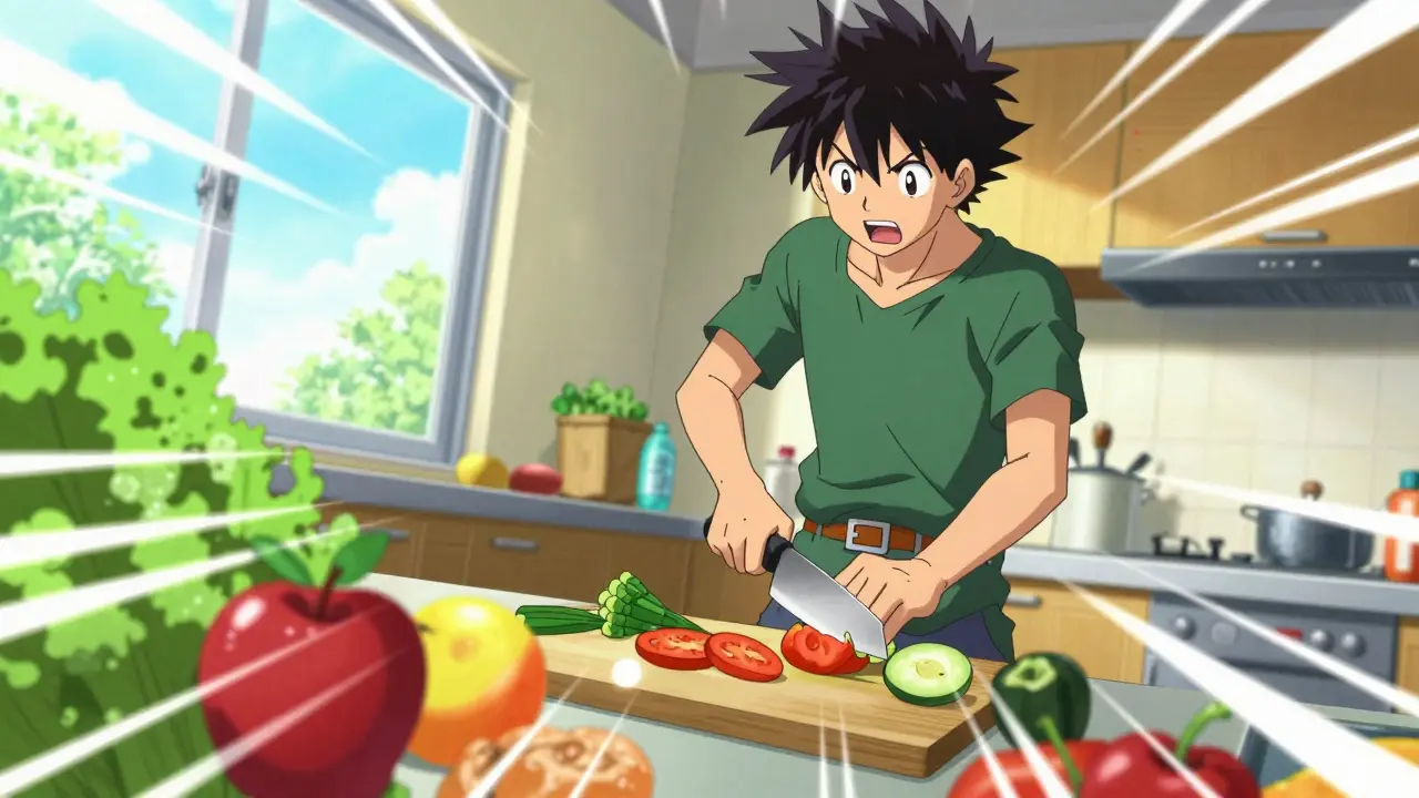 Person preparing healthy vegetables and fruits for breakfast