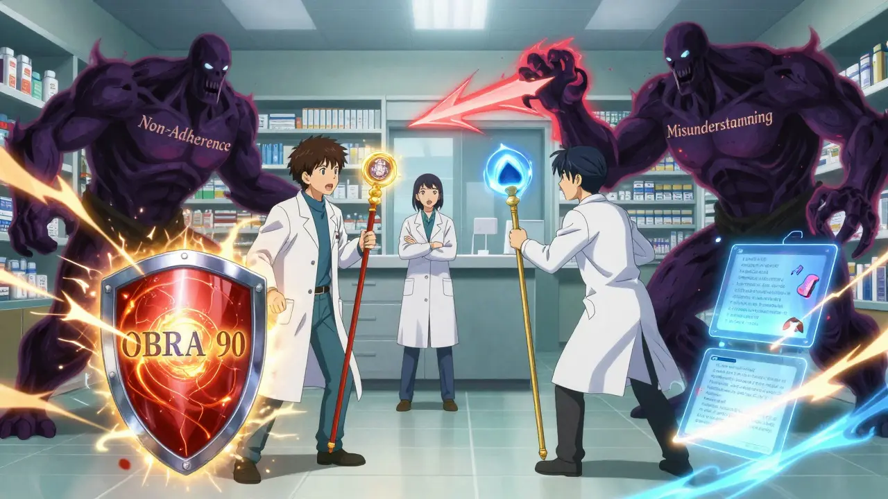 Pharmacists in battle against symbols of medication errors, using counseling scripts as powerful weapons.