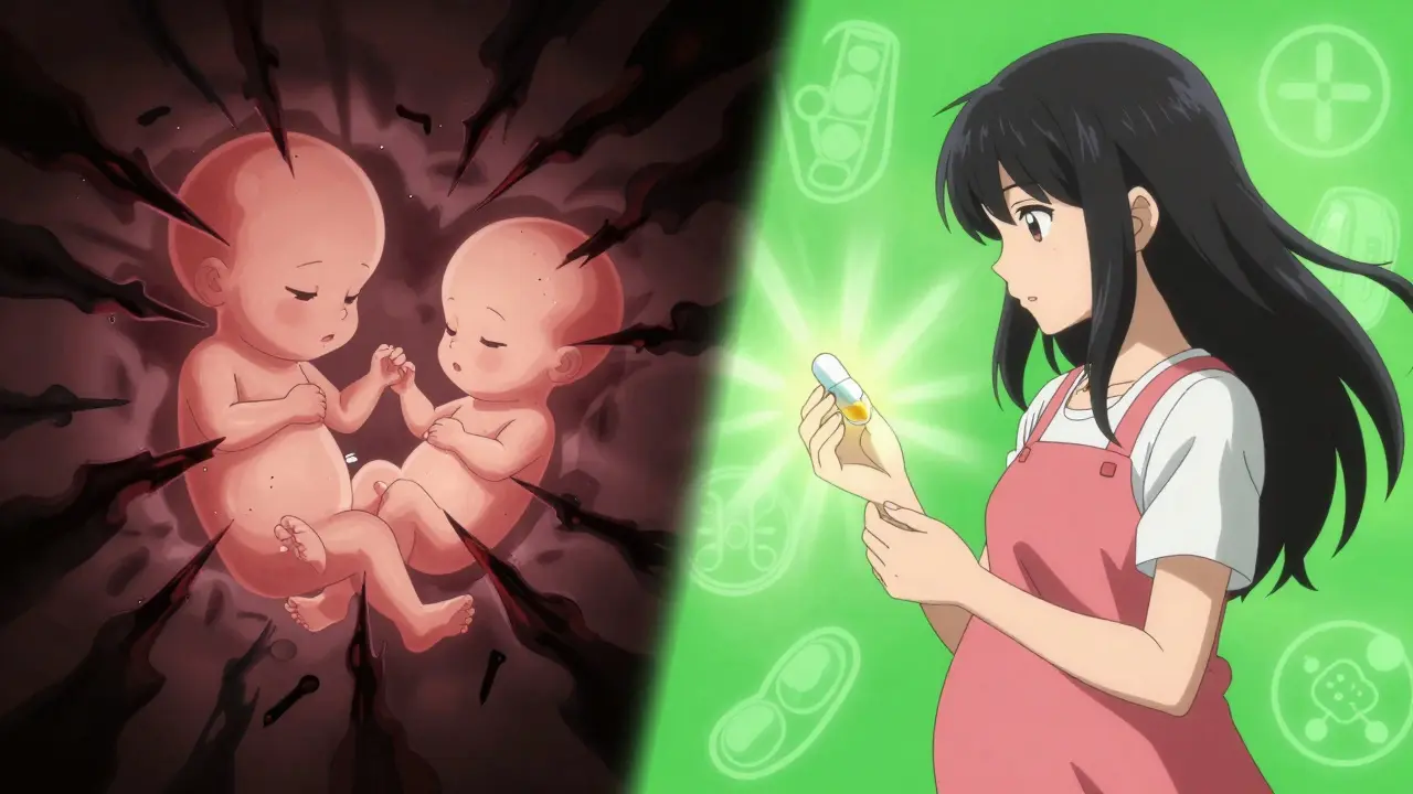 Split scene: dark shadows from unsafe meds contrast with soft light from safe alternatives during preconception transition.