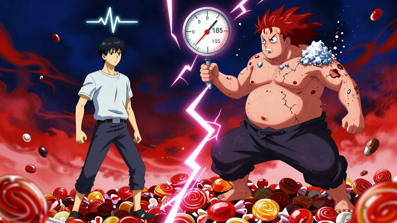 Two versions of a patient in battle: one healthy, one mutated with high blood pressure and salt crystals, amid floating medical icons.