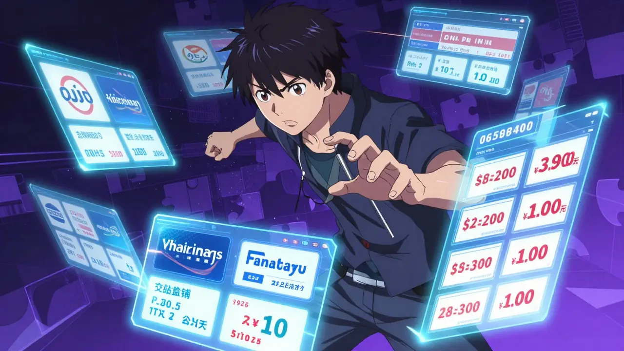 Anime character analyzing holographic screens to find the best pharmacy prices