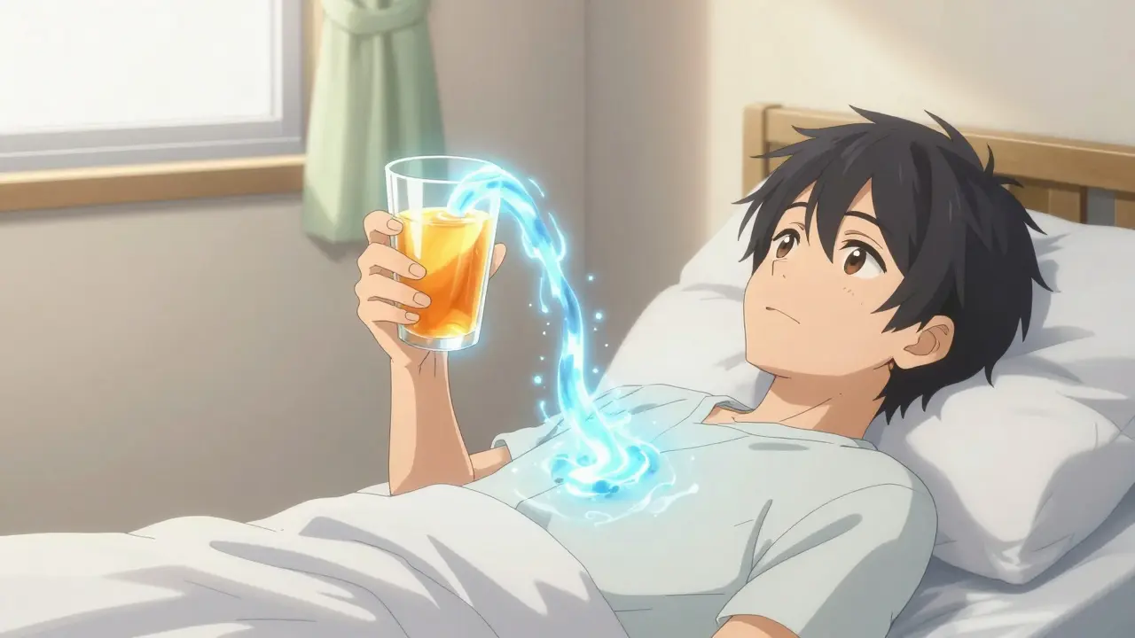 Anime character drinking a golden rehydration solution to recover from illness.