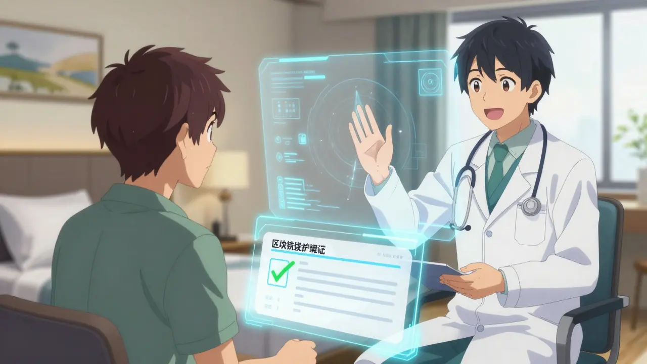Anime character using a holographic telemedicine screen for medical prescription verification
